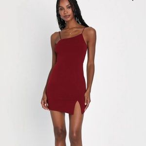 Party for Two Burgundy Asymmetrical Bodycon Mini Dress